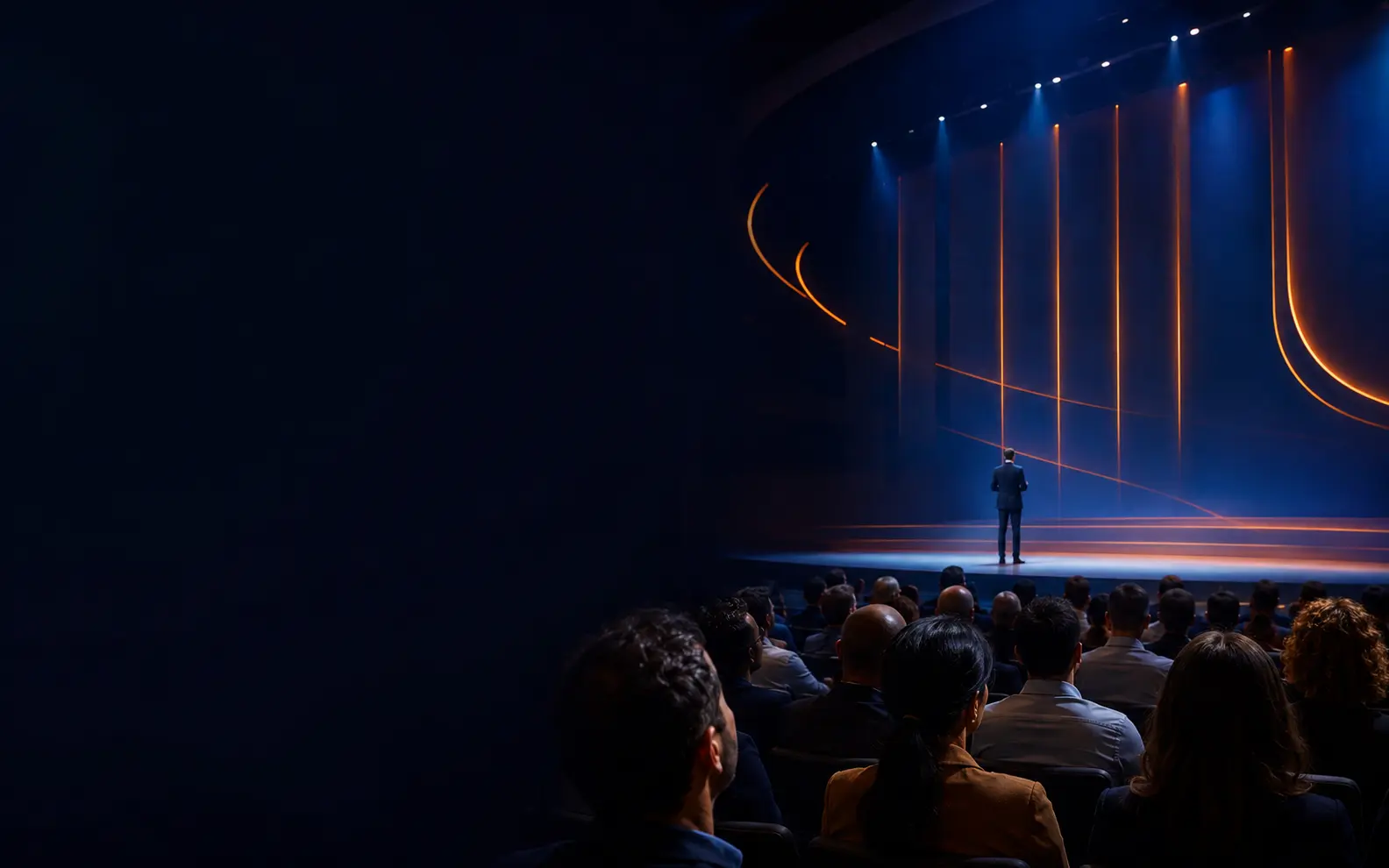 Público acompanha uma experiência coletiva em um palco de evento