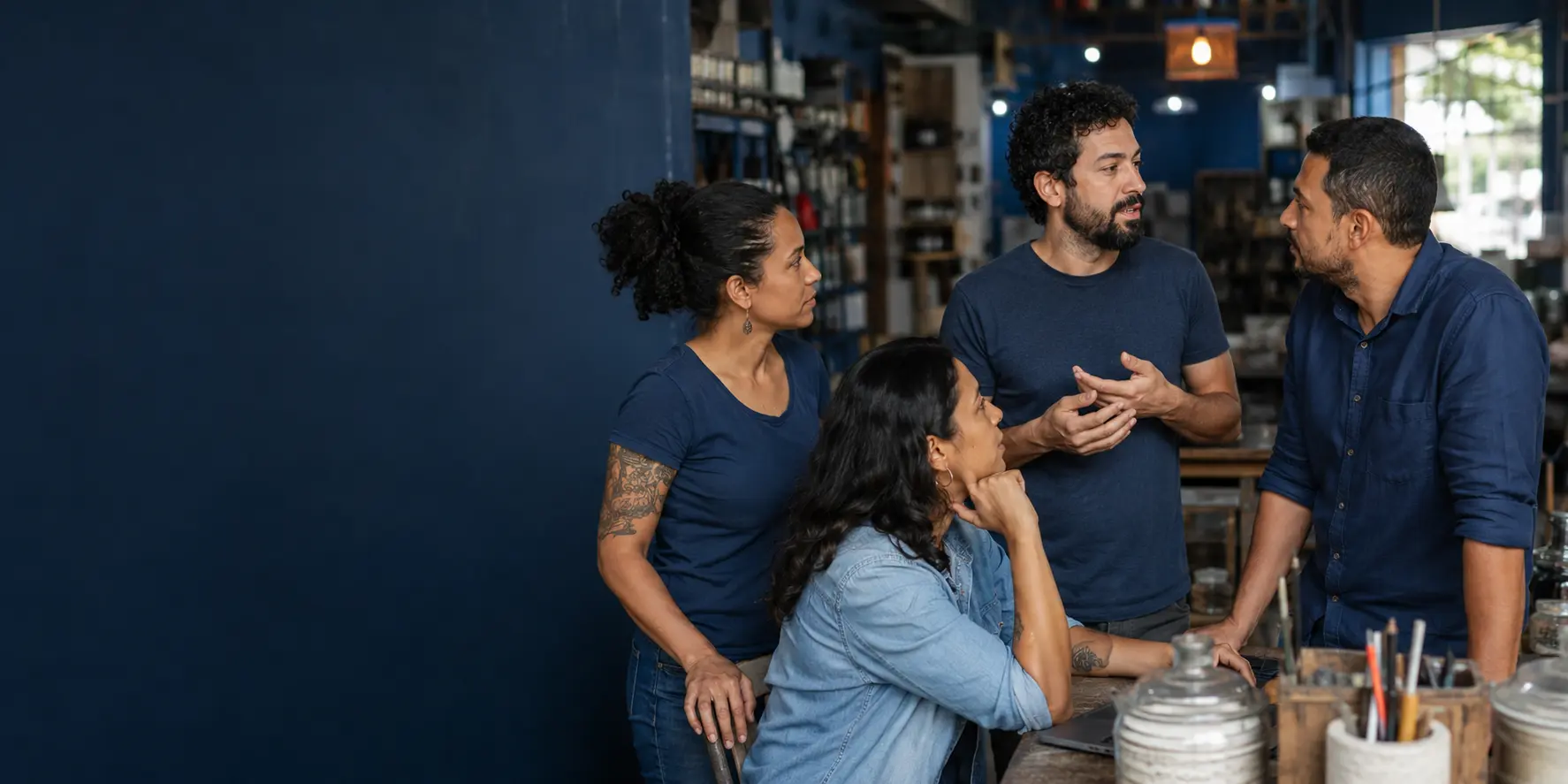 Líderes e colaboradores conversam em um pequeno negócio